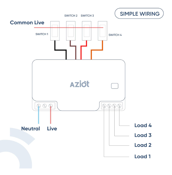 AZIOT 4 Node Smart Switch - WiFi/Bluetooth Communication - Made in India - Timer Function - Voice Command (4 Node)