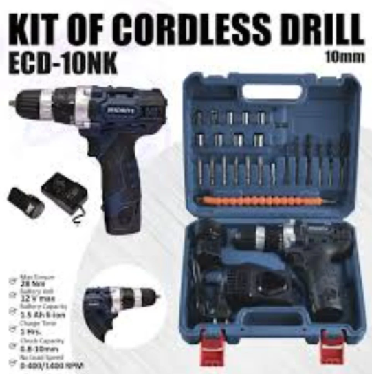 KIT OF CORDLESS 10MM-12V NEW 27PCS KIT WITH 2 BATTERIES-FPTKITECD010NK